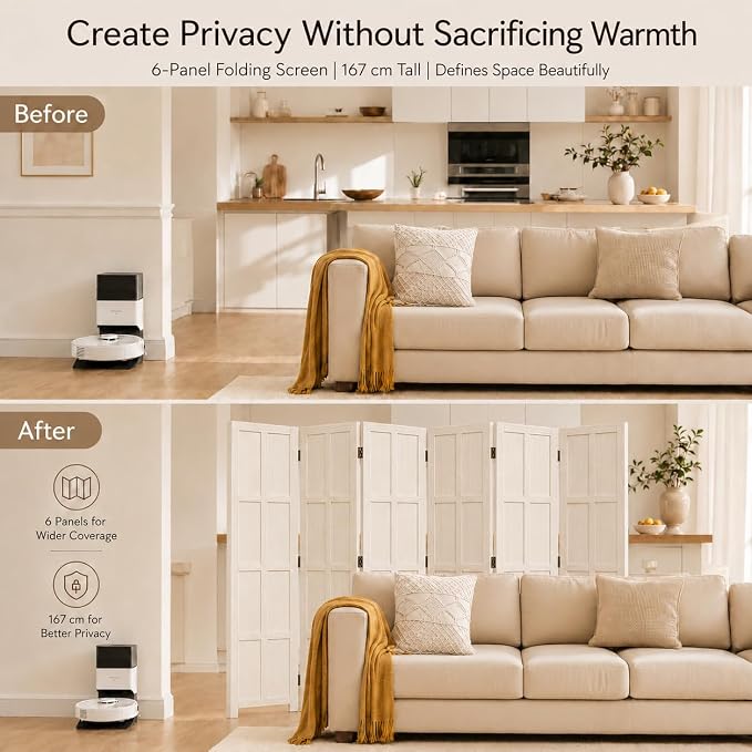 6 Panel Solid Wood Room Divider Folding Privacy Screen White | Freestanding - Image 5
