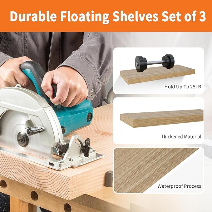 Floating Shelves for Wall Set of 3, 16 Inch Light Brown Shelves Bedroom | Light - Image 5