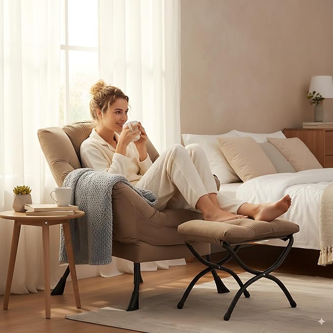 Lazy Chair with Ottoman, Comfy Accent Reading Chair, Dark Brown | Foldable - Image 2