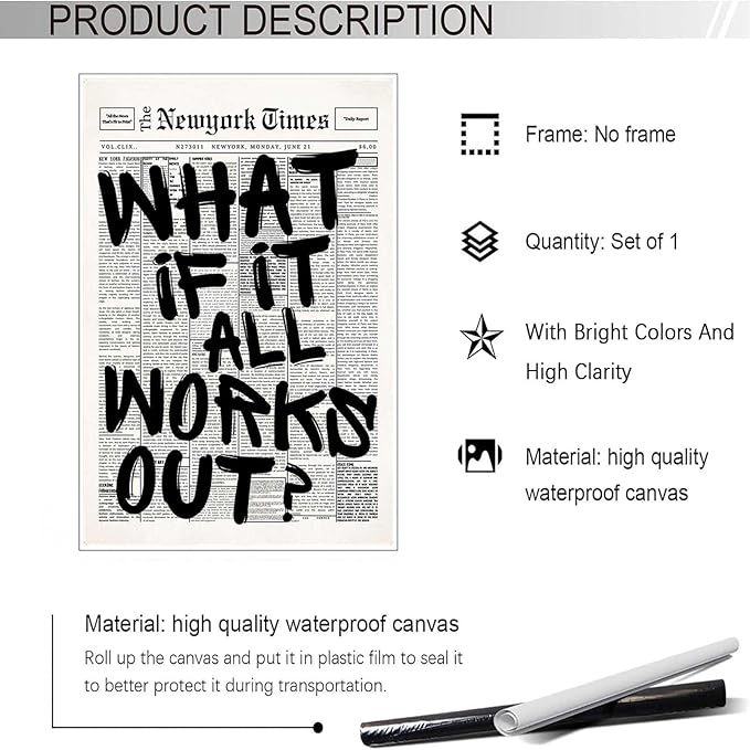 Drimiler Retro Black And White Newspaper Poster What If It All Works Out Canvas - Image 2