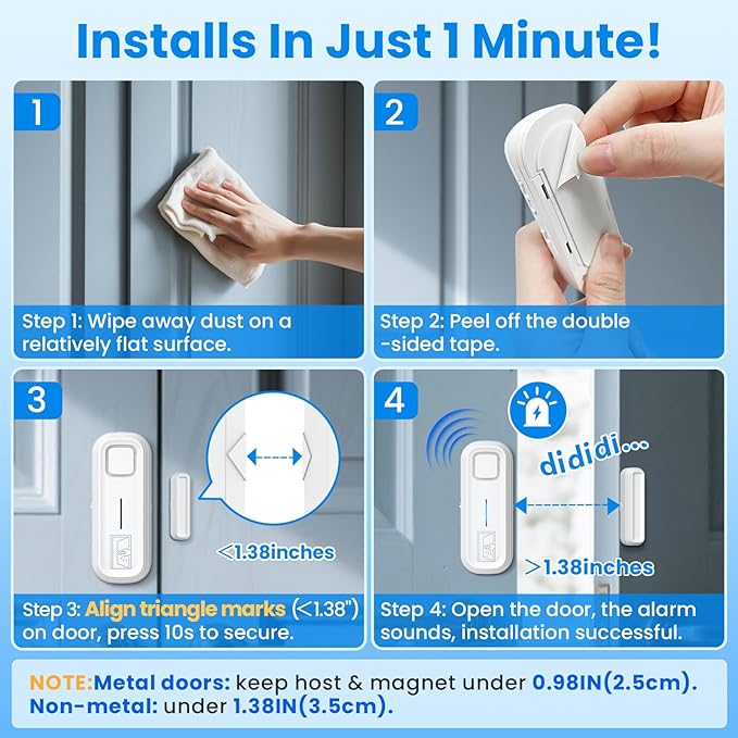 Sanjie Door Alarm with Instant and Delayed Alerts 30s/1min/2min/4min, Door Window Ajar Alarms for Kids Safety/Home Security, Volume 0-120dB, Left Open Alert for Freezer Fridge Home, 2 Sensor