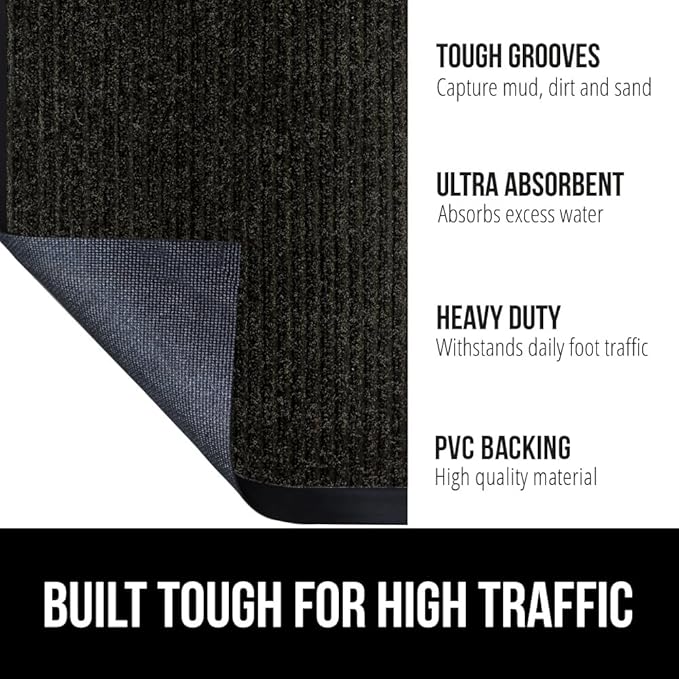 GORILLA GRIP Waterproof Traffic Guard Door Mat, 59x24, Heavy Duty Entryway Mats, Strong Rubber Back Commercial Utility Rugs for Office Hallway, Garage Floor and Home, Low Profile Carpet Runner, Black