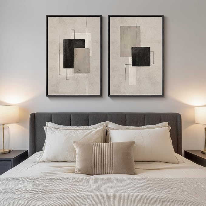 Large Framed Neutral Black Beige Abstract Wall Art - Image 4