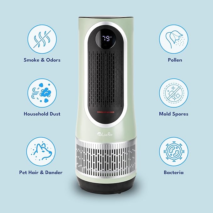 LivePure 3-in-1 LP520 Clean Heat Air Purifier & Electric Heater – Oscillating Portable Heater with 2 Heat Modes and Air Filtration – Heater for Indoor Use in Bedrooms, Home Office & Apartments, Sage