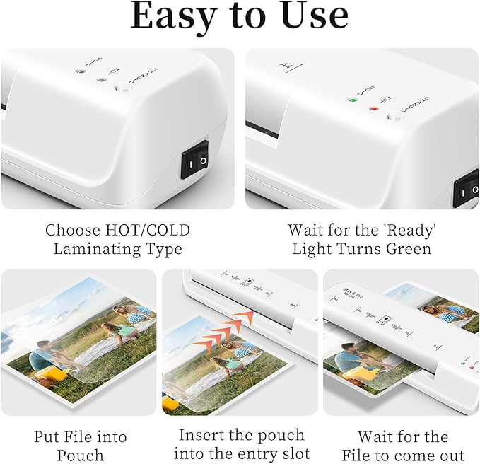 Mas & Pro Thermal Laminator Machine 9 Inch with 40 Laminating Sheets, Hot & Cold, Anti-Jam, Fast Warm-Up, 2-Roller, Portable for Home Office School, Letter Size/A4/A5/A6/Photo/Document, White