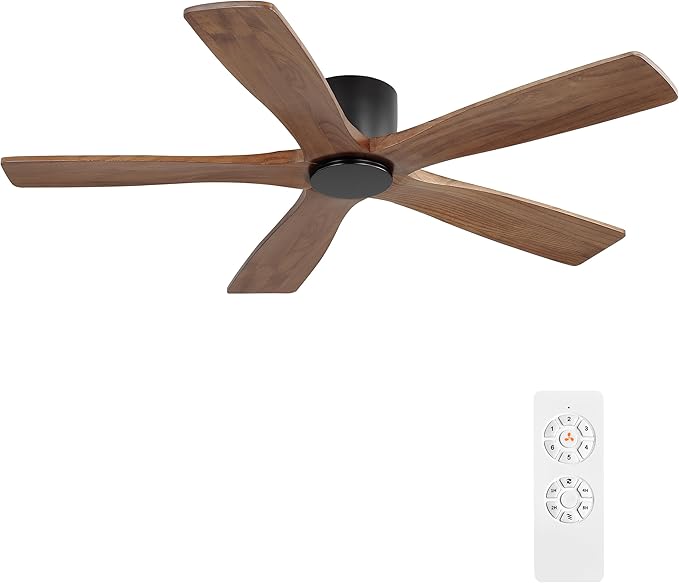 WINGBO 48" Flush Mount DC Ceiling Fans without Lights, 5 Carved Solid Wood Blades, 6-Speed Reversible DC Motor, Low Profile Hugger Ceiling Fan No Lights for Living Room Bedroom Patio, Black and Walnut