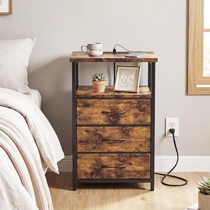 Fixwal Night Stand with Charging Station, 3 Fabric Drawers, Rustic Brown | - Image 5