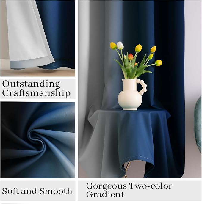 COSVIYA Grommet 100% Blackout Blue Ombre Curtains White Back, W52xL63 Inch | 2 - Image 6