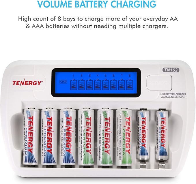 Tenergy Batteries and Charger Bundle, TN162 8-Bay Smart LCD AA/AAA NiMH/NiCd Charger + 8xAA and 8xAAA Premium NiMH Rechargeable Batteries…