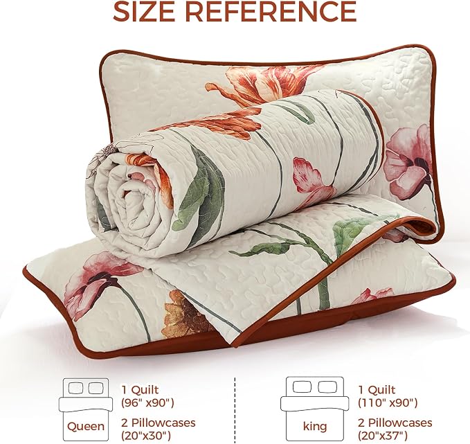 WONGS BEDDING Thanksgiving Quilt Set Queen, Shabby Chic Terracotta Cream Floral - Image 6