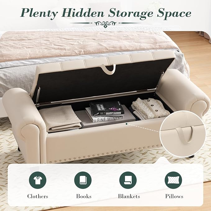 Apicizon 51” Bench with Storage, Faux Leather Ottoman Bench with Rolled Arm & - Image 6