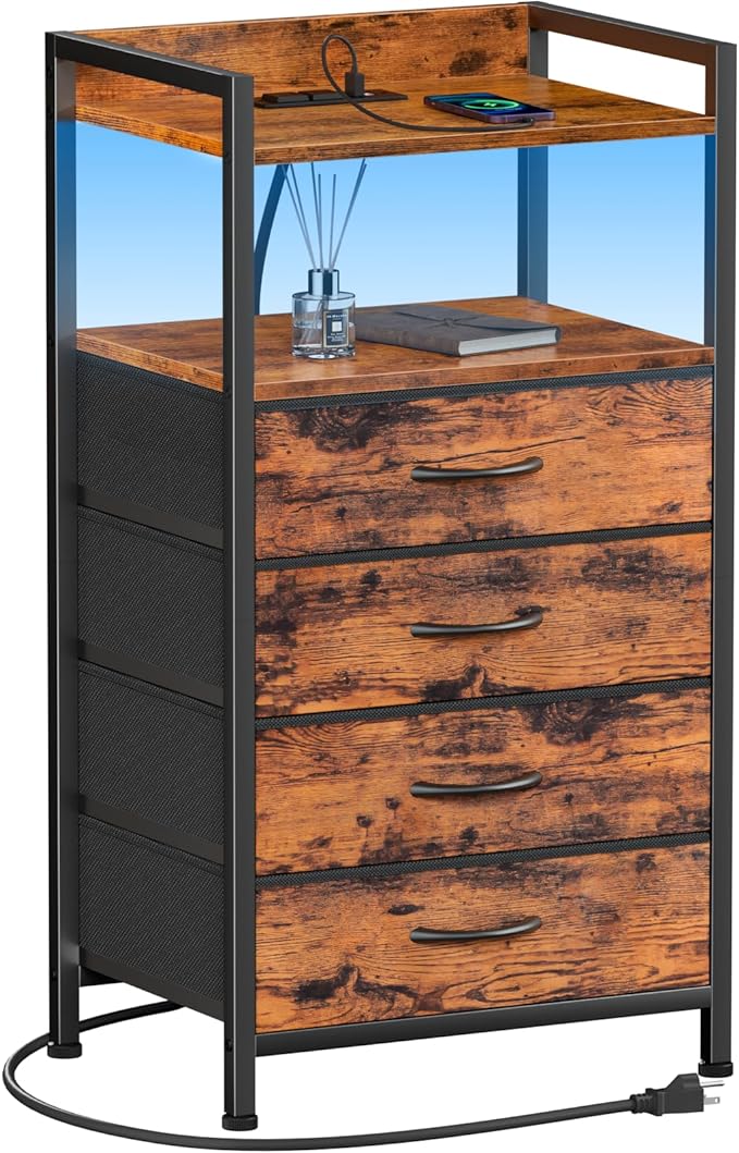 Night Stand with Charging Station, 4 Drawer Tall Bedside Table | small dresser by Furnulem