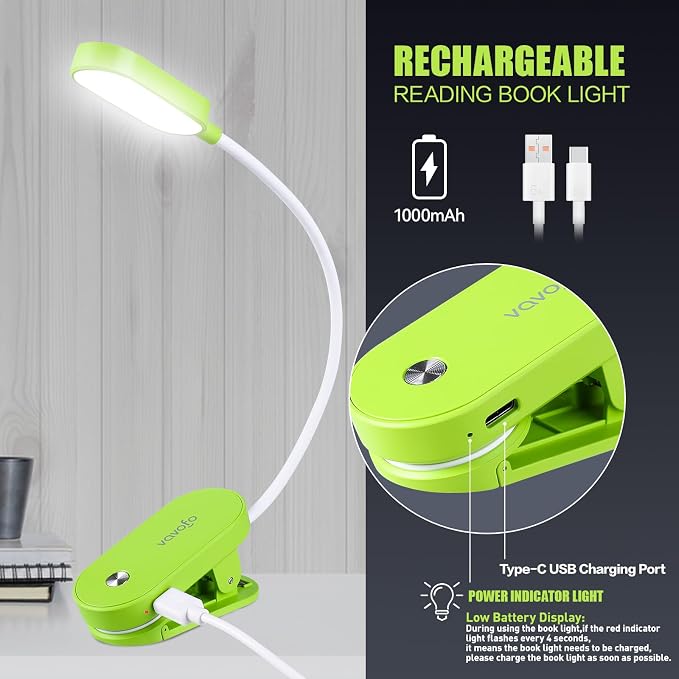 VAVOFO Rechargeable Book Light, 14 LEDs Eye Care Clip On Amber Reading Light - Image 4