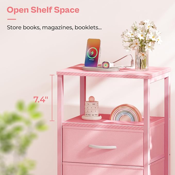Huuger Nightstand with Charging Station, Side Table with Fabric Drawers | End - Image 6