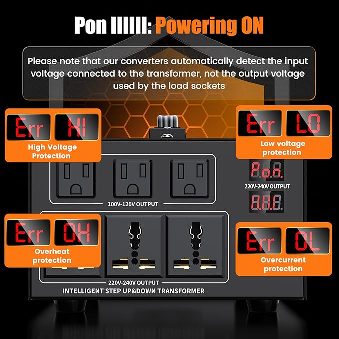 8000W Voltage Converter Transformer Step Up 110V/120V to220V/240V or Step Down 220V to 110V AC Power Converte, Circuit Breaker Protection, 3 US sockets, 3 Universal sockets, LCD Display