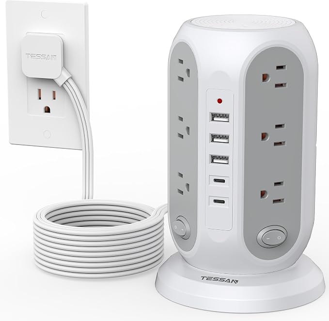 TESSAN Tower Power Strip Surge Protector, Flat Extension Cord 15 Ft, 5 USB Ports by TESSAN