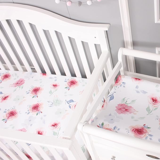 Belsden Pack of 3 Floral Fitted Crib Sheet Set for Baby Girl, Universal Fits Standard Size Crib and Toddler Mattress 28" x 52", Soft Breathable and Machine Washable, Floral Purple & Pink & Pink Rose