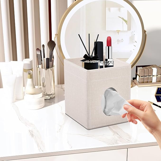 Tissue Box Cover with Storage Tray Square Tissue Box Holder PU Leather Facial - Image 6