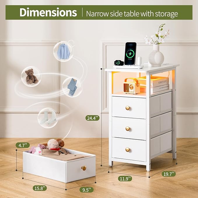 Yoobure End Table with Charging Station, LED Narrow Side Table Bedside Table - Image 2