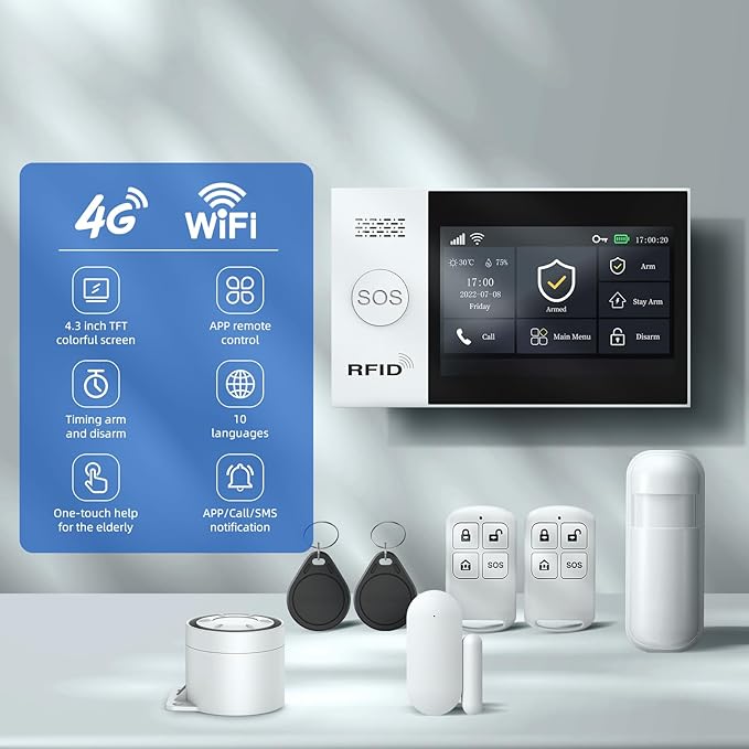 LWOHSI Wireless Home Alarm System with Touch Screen,Smart Home Security System,DIY Door/Window Alarms,Motion Detector,4G Phone Call/SMS/App Instant Alerts,Work with Alexa For House and The Kids Safety