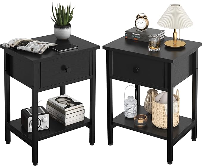 Nightstands Set of 2 with Drawers, Bedside Table Set of 2 with Storage Shelf by CALERTAINDirect