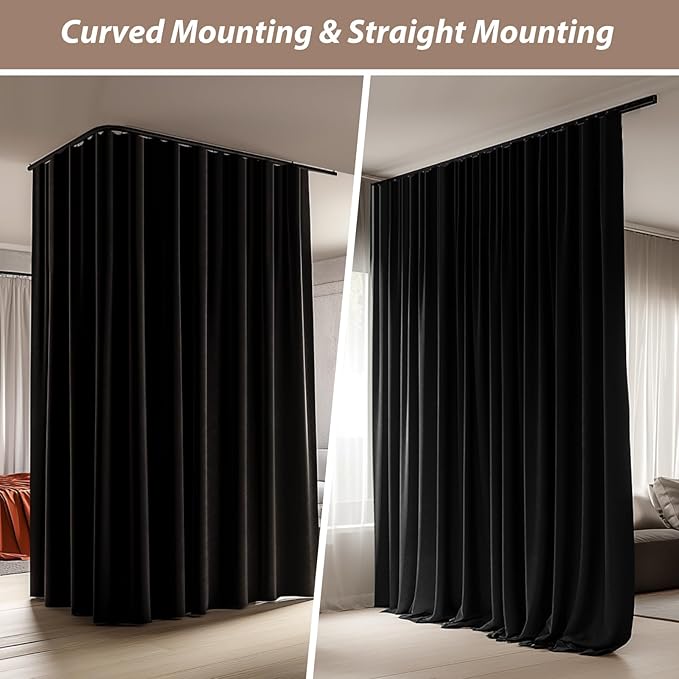 Room Divider Curtains with Ceiling Curtain Track Set Window Curtain for Bedroom,Living Room Total Blackout Thermal Insulated Privacy Ceiling Track Curtain W 6 × H 7 FT Black drape&Black track