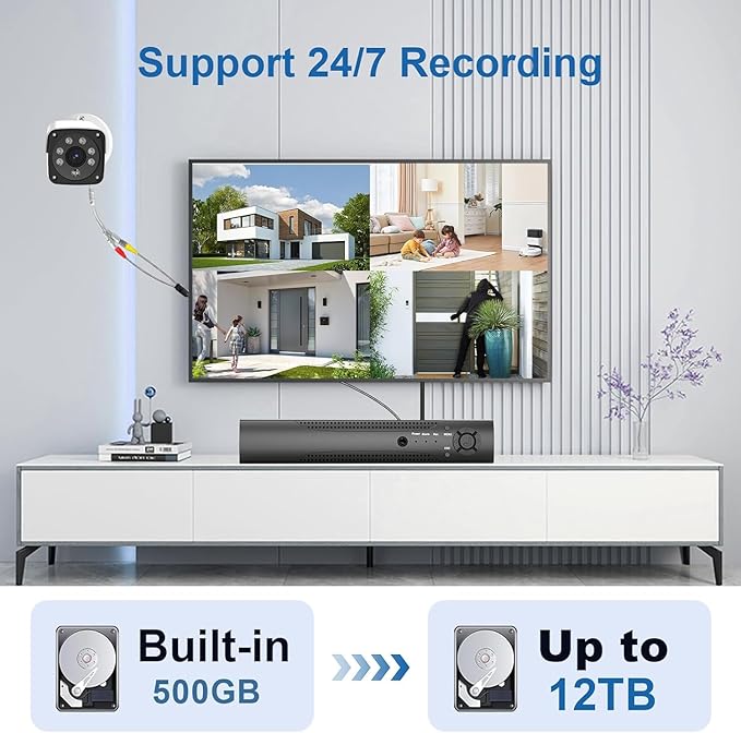 H.265+ Wired Security Camera DVR Kit System with AI Human Vehicle Detection, 4X 1920P 5MP IP67 Metallic Indoor/Outdoor Cameras IR Night Vision, 4K NVR 500GB HDD Included for 24/7 Recording
