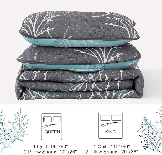 DJY Full Size Quilt Set Grey Blue Reversible Bedspread Bedding Set | 3 Piece - Image 8