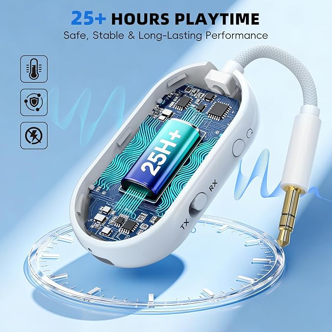 Wothfav Bluetooth 5.3 Wireless Audio Transmitter & Receiver, 3.5mm AUX Adapter, Supports 2 AirPods or Headphones, 25+ Hr Battery Life, Airplane Bluetooth Adapter for Travel, Flight, TV, Car & Gym