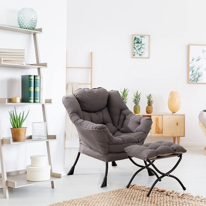 Lazy Chair with Ottoman, Comfy Accent Reading Chair, Dark Grey | Foldable - Image 9