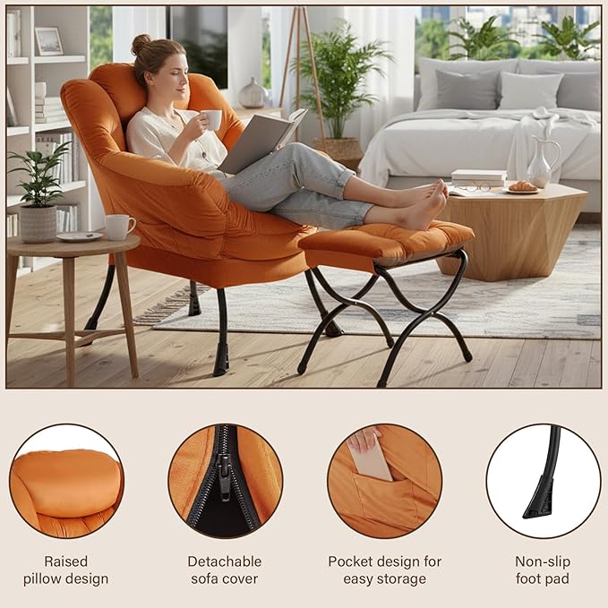 Welnow Orange Lazy Chair with Ottoman, Reading Chair with Footrest | A Side - Image 4
