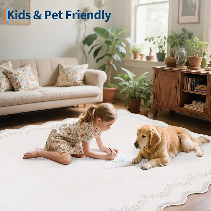 GarveeHome 5x7 Scalloped Area Rug Beige Washable Bedroom Living Room Rug | Soft - Image 7