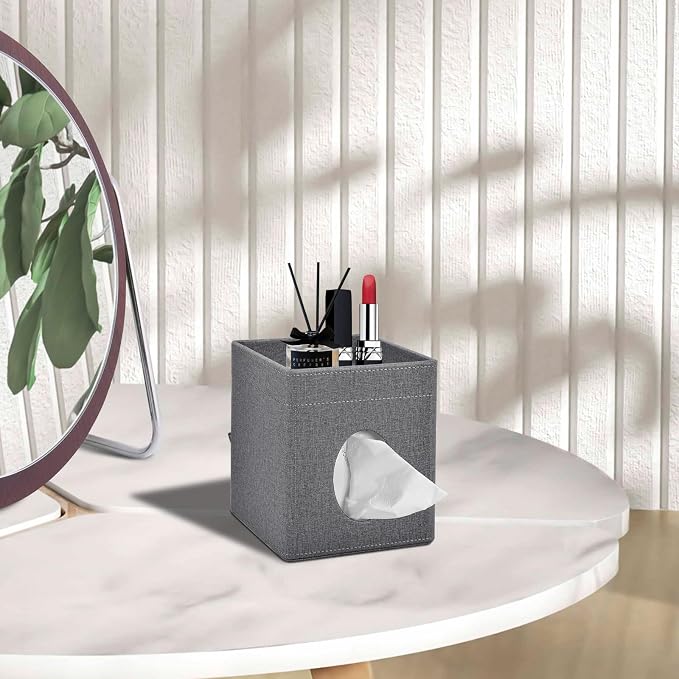 Tissue Box Cover with Storage Tray Square Tissue Box Holder PU Leather Facial - Image 8