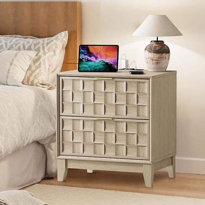 COLAMY Nightstand with Charging Station, 22" Modern Bed Side Table with 2 Storage Drawers and Chessboard Relieffor Bedroom, Dorm and Small Spaces - Oak