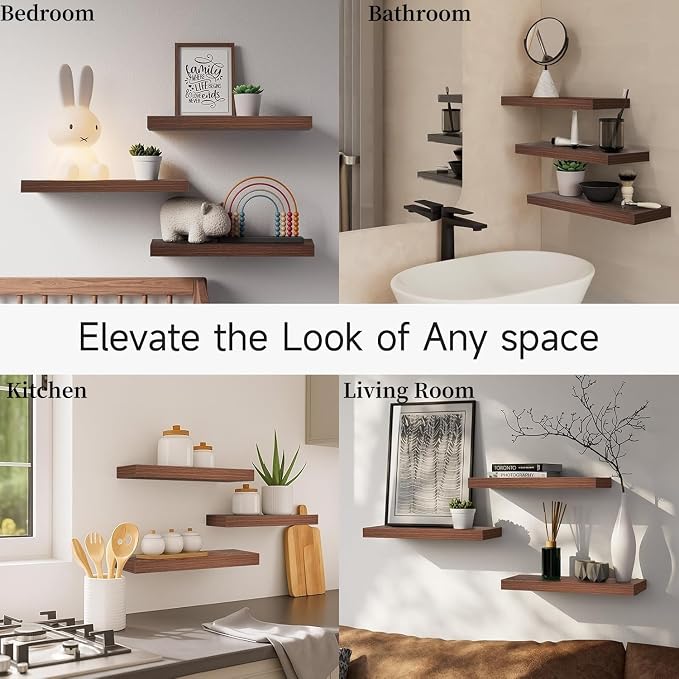 BAYKA Walnut-Like Floating Shelves 15.7in, 3 Pack, Wall Mounted Wall Decor | - Image 7