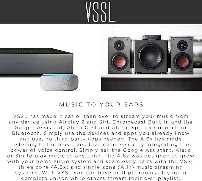 VSSL A.3X 6-Channel, 3 Zone, Audio Streaming Amplifier, Compatible with AirPlay 2, Chromecast, Amazon Alexa, Spotify Connect, Bluetooth| 6 Channel Whole Home Audio Amp | Multiroom Audio Controller