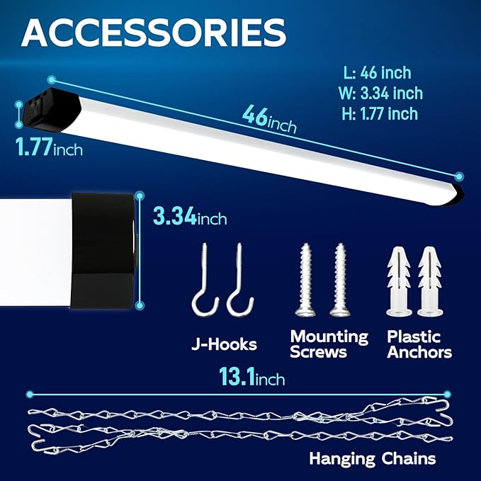 hykolity 4FT 120W LED Shop Light Linkable, 13000lm(400w Equivalent), 5000K Utility Shop Lights for Garages, Workshops, Basements, Hanging or FlushMount, with Power Cord and Pull Chain, ETL, Black
