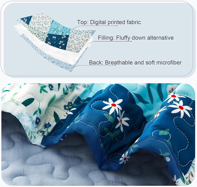 Whale Flotilla Patchwork Quilts Twin Size, Extra Soft Floral Bedspreads | Blue - Image 5
