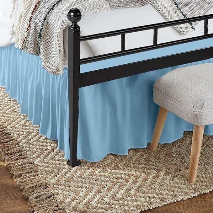 Light Blue Solid Ruffled Bed Skirt Queen-22 Inch Drop Split Corner, Microfiber Bedskirt with Platform Three Sided Coverage