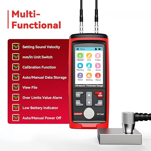 Wintact Digital Ultrasonic Thickness Gauge, Range 0.039 to 11.81 in with Probe for Measuring Metal and Nonmetal Materials, Steel, Cylinder Wall, Plastic, Glass, PVC, Pipes (WT1201)