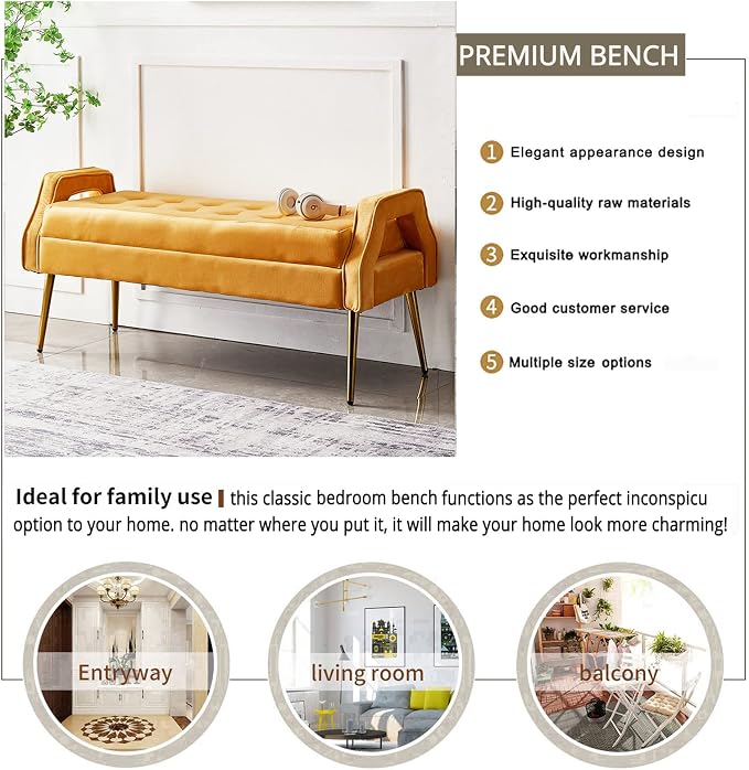 Luxurious End of Bed with den Legs, Bedroom Velvet Upholstered Seat, Comfy - Image 2