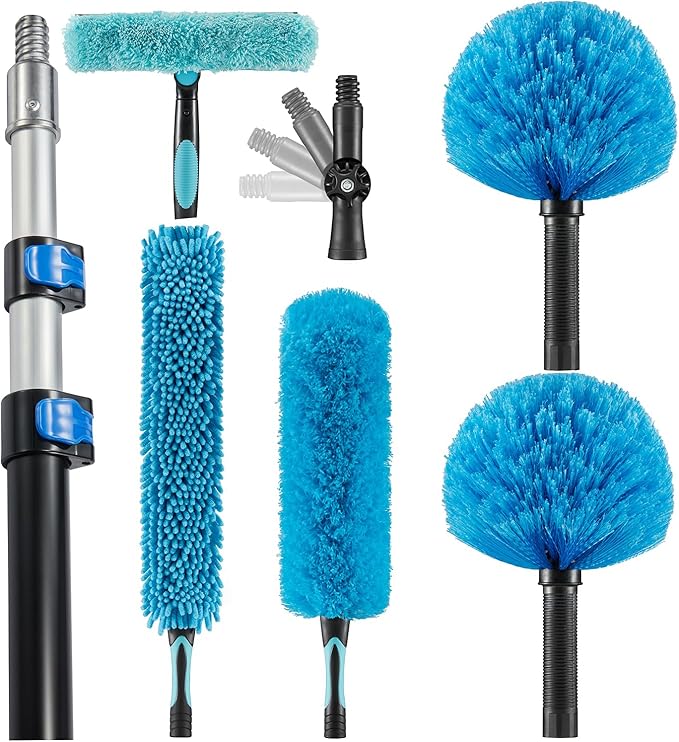 Hicavar 25 Foot High Ceiling Fan Duster with 6-18 Foot Extension Pole, Extendable Reusable Cobweb, Feather, Window Cleaning Squeegee Kit