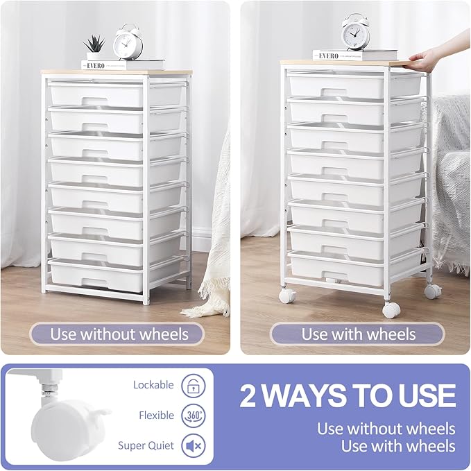 Rolling Storage Cart with Drawers,Utility Cart With 8 Drawers and Wooden Tabletop,Rolling Drawer Cart,Storage Drawer Cart for Living Room,Classroom,Bedroom,Bathroom,Dorm,Office,White