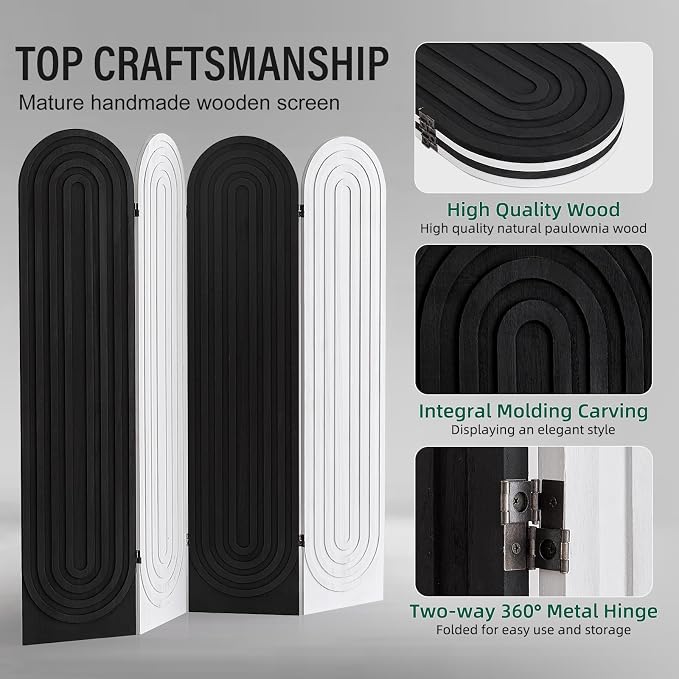 Wood Room Divider and Folding Privacy Screen 4 Panel White Black | Arched Room - Image 6