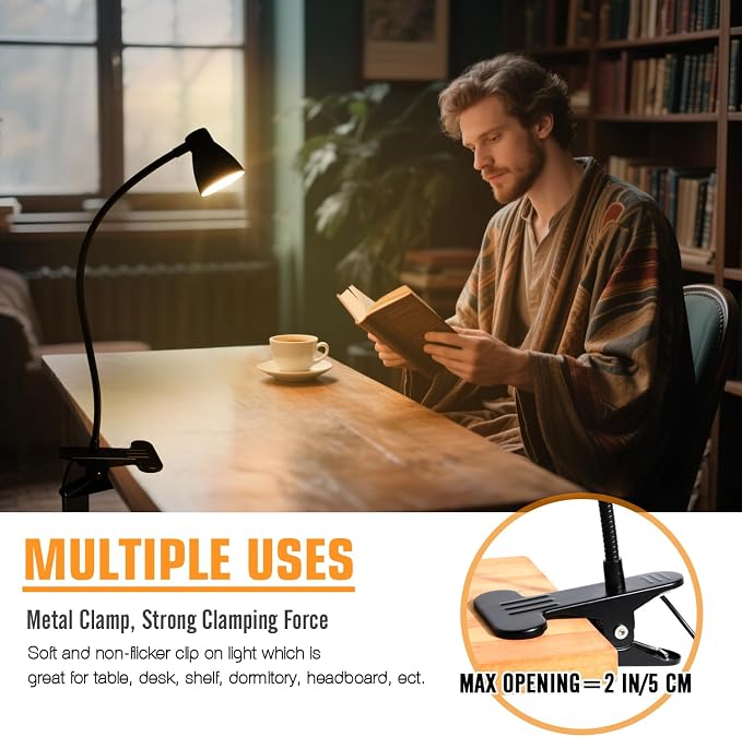 CRI 90+ Eye-Care Clip Light for Reading, 6W Small Clamp Lamp for Desk, Flexible - Image 8