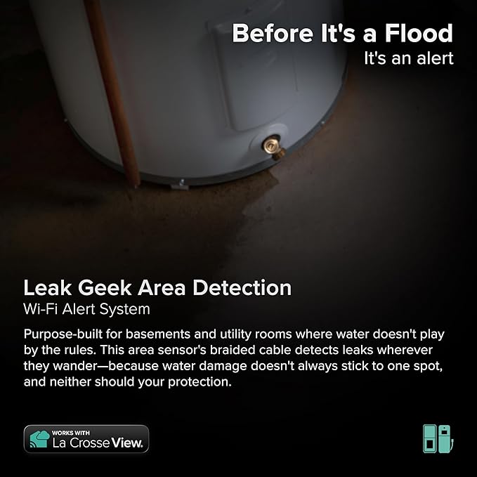 Leak Geek Area Detection Wi-Fi Alert System with The Bridge Gateway and Water Leak Area Detection Sensor with 76-inch Cable