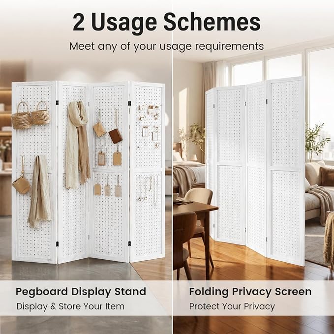 4 Panel Pegboard Room Divider, Folding Privacy Screen, Freestanding Wooden - Image 2