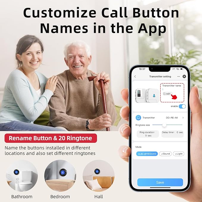 CallToU Wi-Fi Wireless Caregiver Pager Call Button for Elderly at Home, APP Emergency Alert Fall Help System for Seniors, Patients/Disabled Monitoring at Home