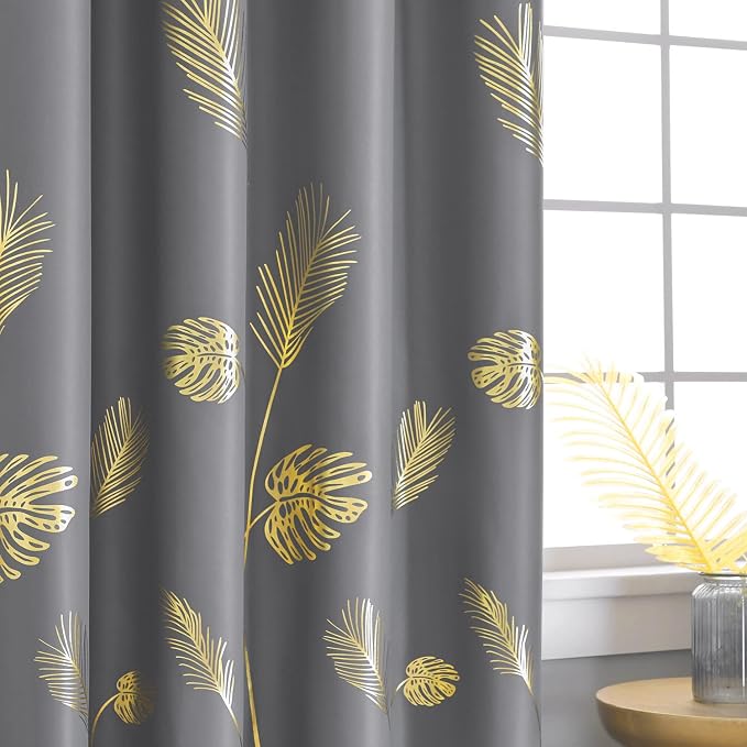 Grey Blackout Curtain for Dining Room 100W x 108L Inch Long Gold Palm Tree - Image 3