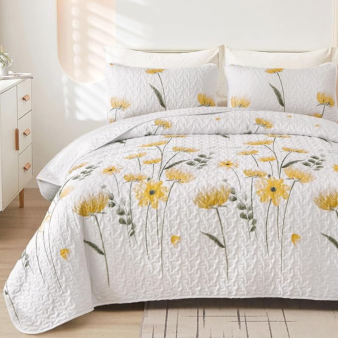 Dinjoy Twin Quilt Set, 2 Pieces Yellow Floral Bedspread Bedding Set | Mustard by DINJOY